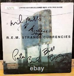 1995 REM Band Signed By 4 Strange Currencies Green Vinyl Record Vtg Autograph