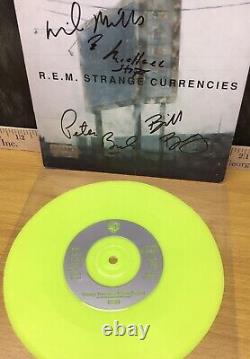 1995 REM Band Signed By 4 Strange Currencies Green Vinyl Record Vtg Autograph