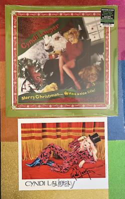 Cyndi Lauper Hand Signed Photo & Merry Christmas. Nice Life Green Vinyl Record
